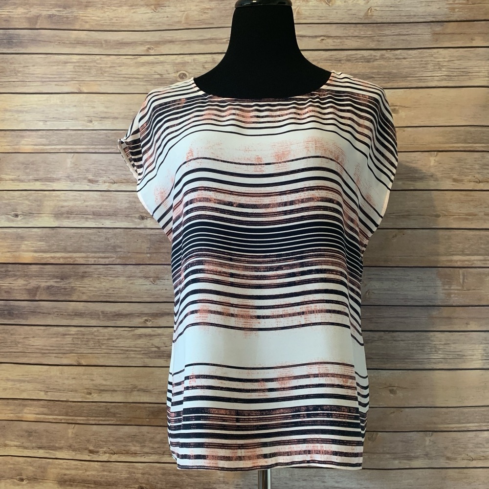 Vince Camuto White and Blue Cap Sleeve Boxy Blouse
